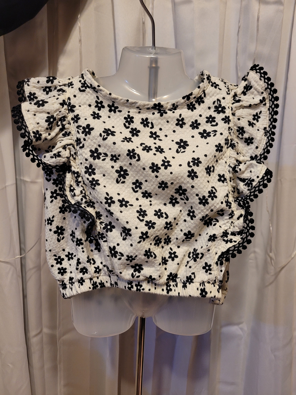 Tahari White Top with Black Floral Print and Ruffle Sleeves